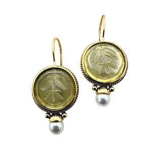 Green Intaglio Glass Pearl Gold Plated Pierced  1.5 Inch Earrings Vintage Style